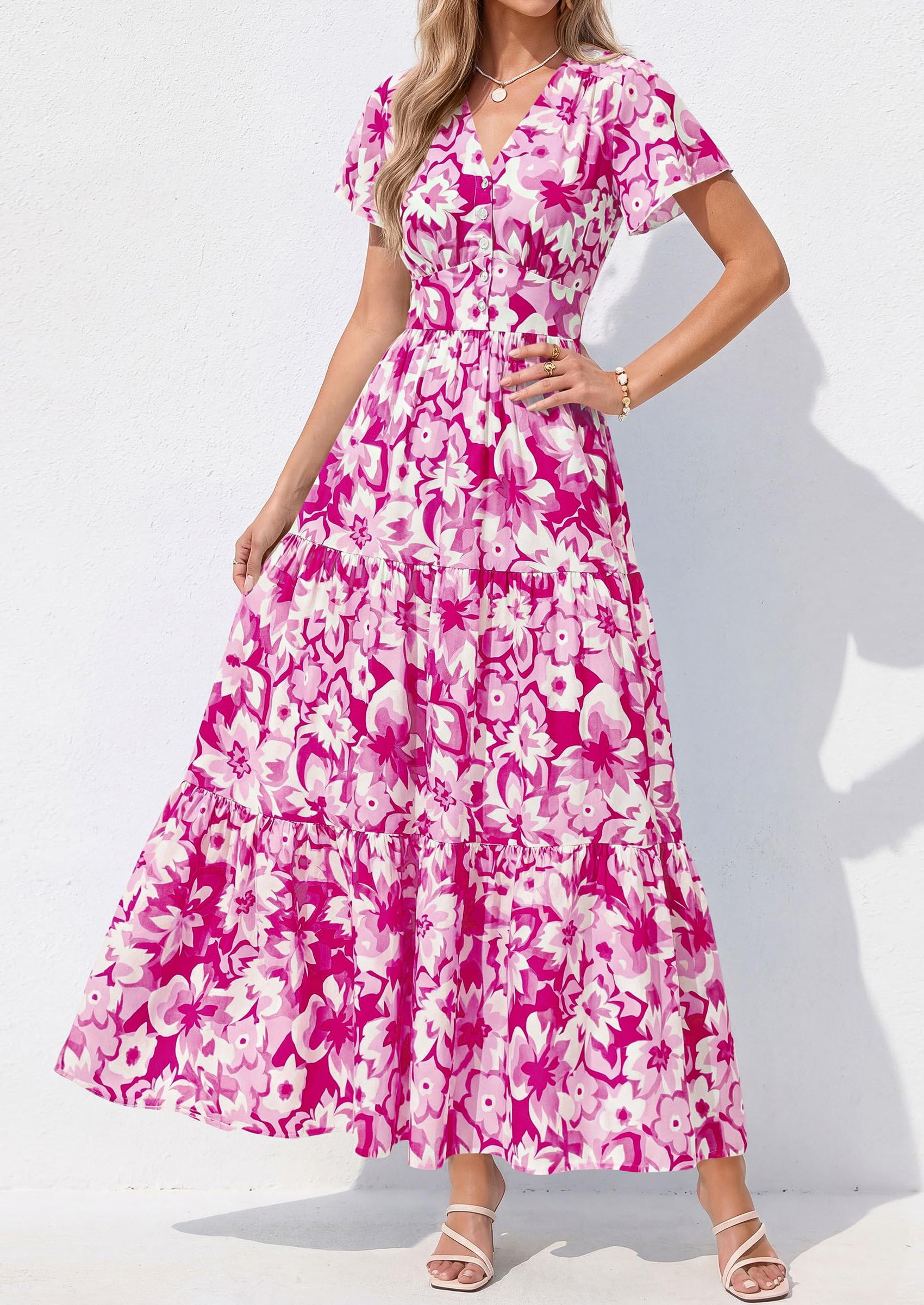 PRETTYGARDEN Women Summer Maxi Dresses Short Sleeve V Neck Button Floral Tiered Flowy Boho Sundress Beach Outfits