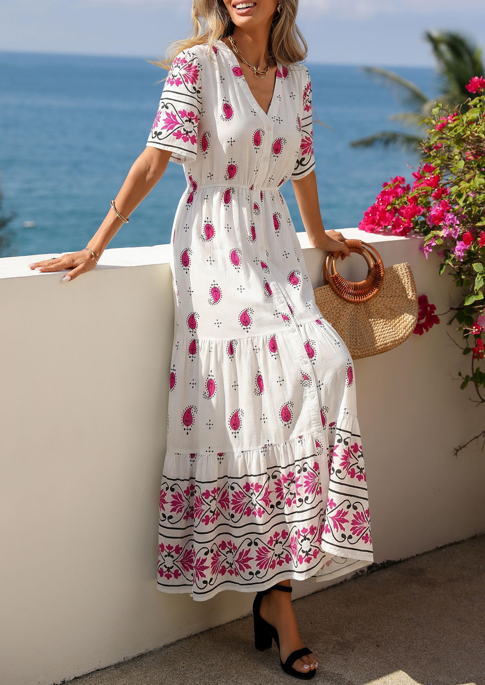 PRETTYGARDEN Womens Summer Boho Maxi Dress Trendy Short Sleeve V Neck Flowy Beach Floral Dresses with Pockets PRETTYGARDEN