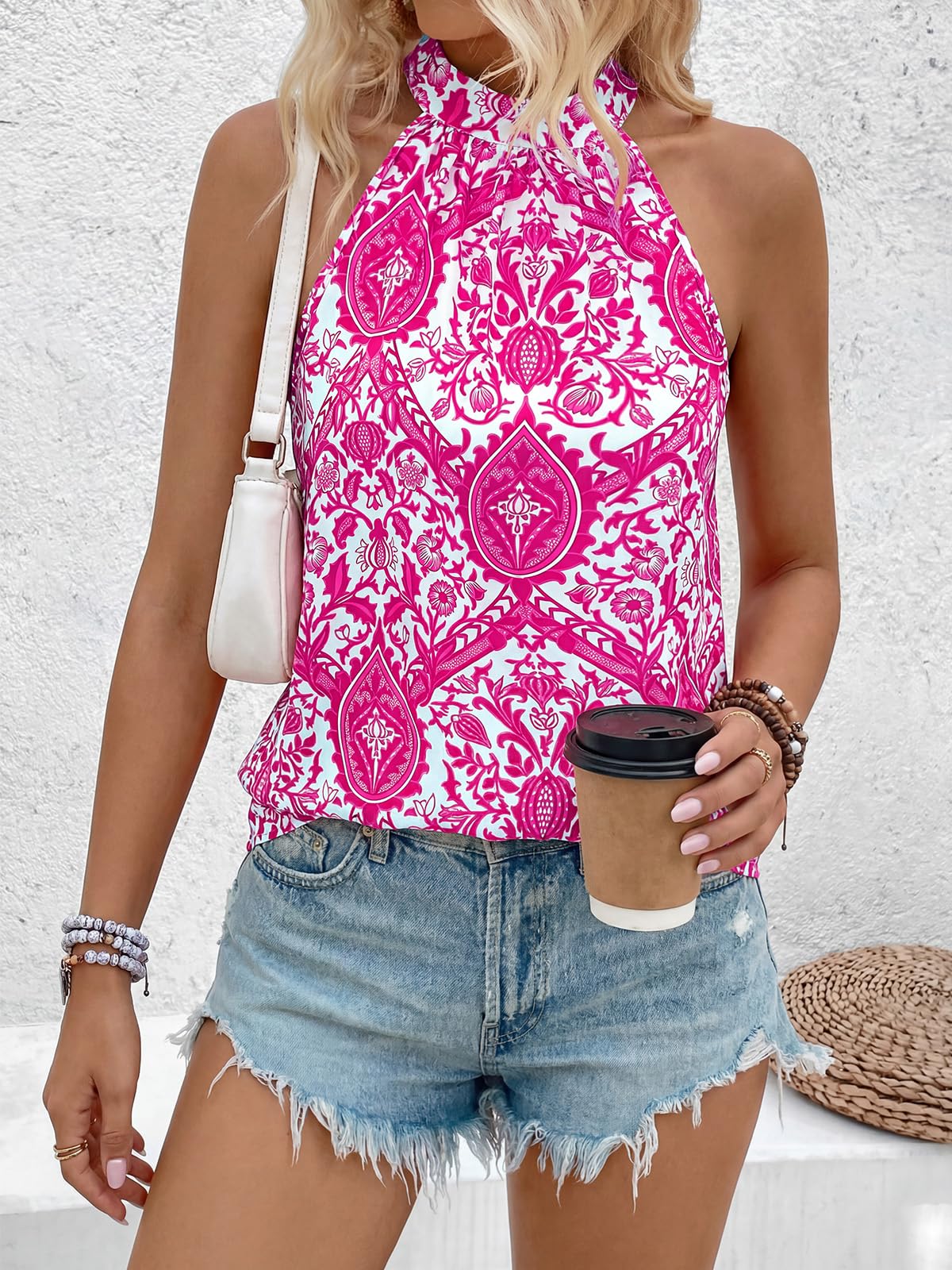 PRETTYGARDEN Halter Tops for Women Summer High Neck Boho Tank Top Sleeveless Beach Vacation Clothes Casual Blouse Shirts PRETTYGARDEN