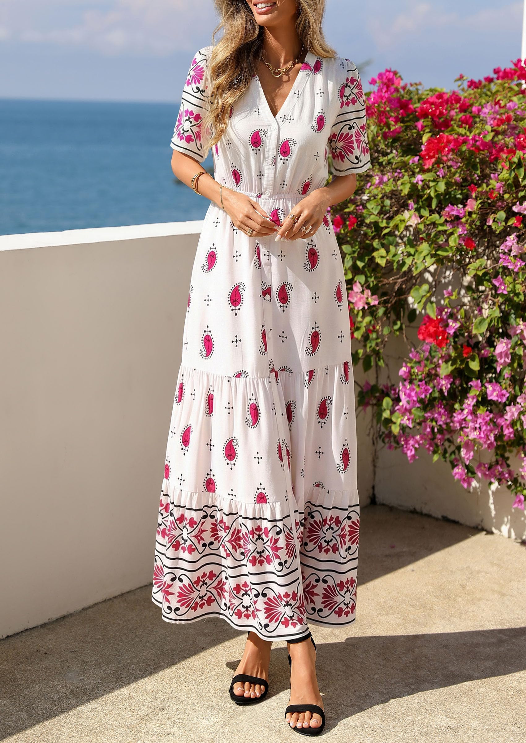 PRETTYGARDEN Womens Summer Boho Maxi Dress Trendy Short Sleeve V Neck Flowy Beach Floral Dresses with Pockets PRETTYGARDEN