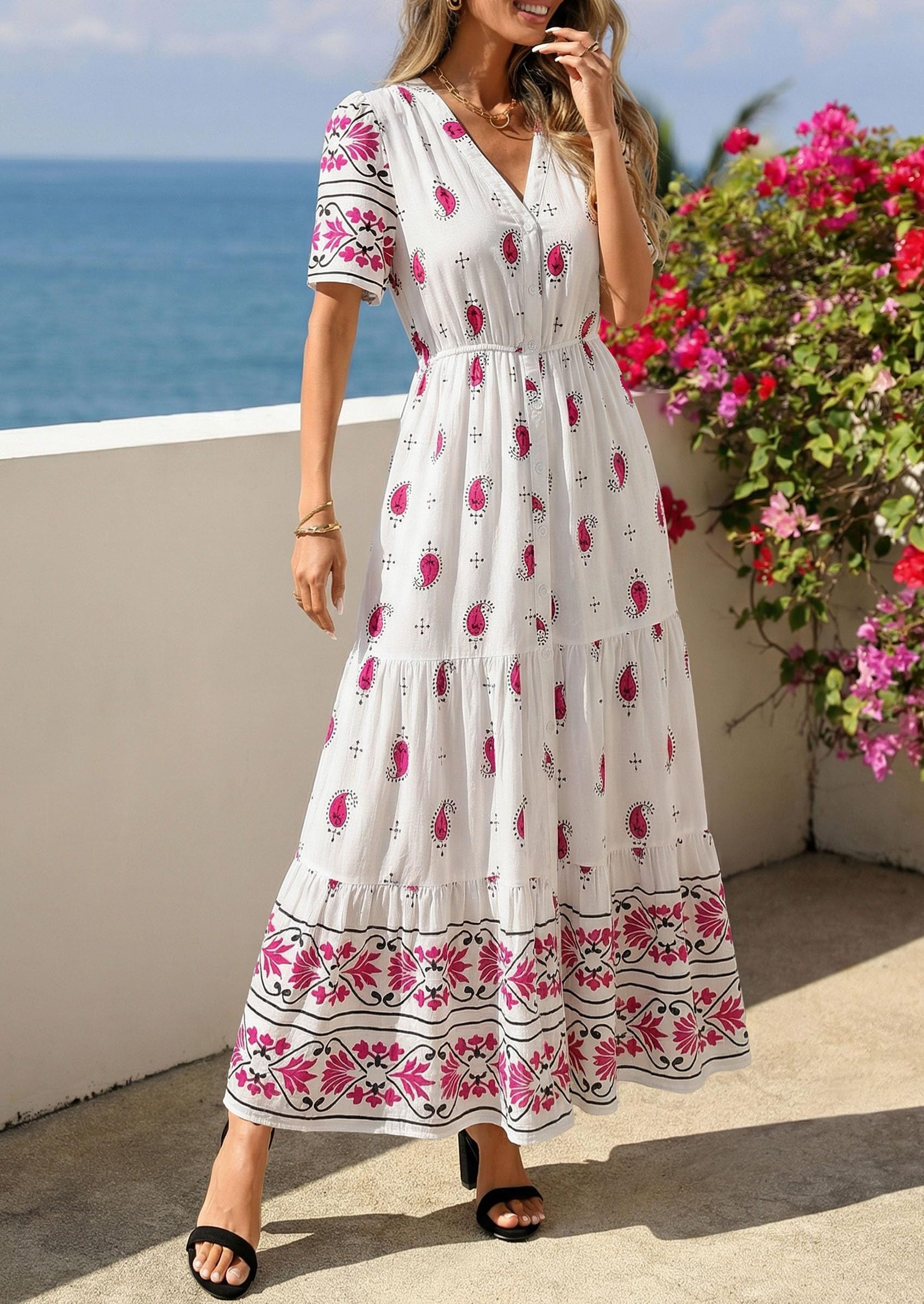 PRETTYGARDEN Womens Summer Boho Maxi Dress Trendy Short Sleeve V Neck Flowy Beach Floral Dresses with Pockets PRETTYGARDEN