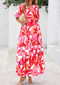 PRETTYGARDEN Women's Maxi Dress Resort Wear Boho Floral V Neck Puff Short Sleeve Ruffle Flowy Beach Long Dresses