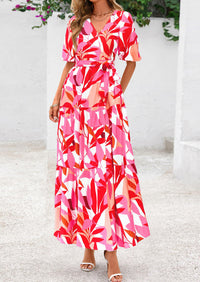 PRETTYGARDEN Women's Maxi Dress Resort Wear Boho Floral V Neck Puff Short Sleeve Ruffle Flowy Beach Long Dresses