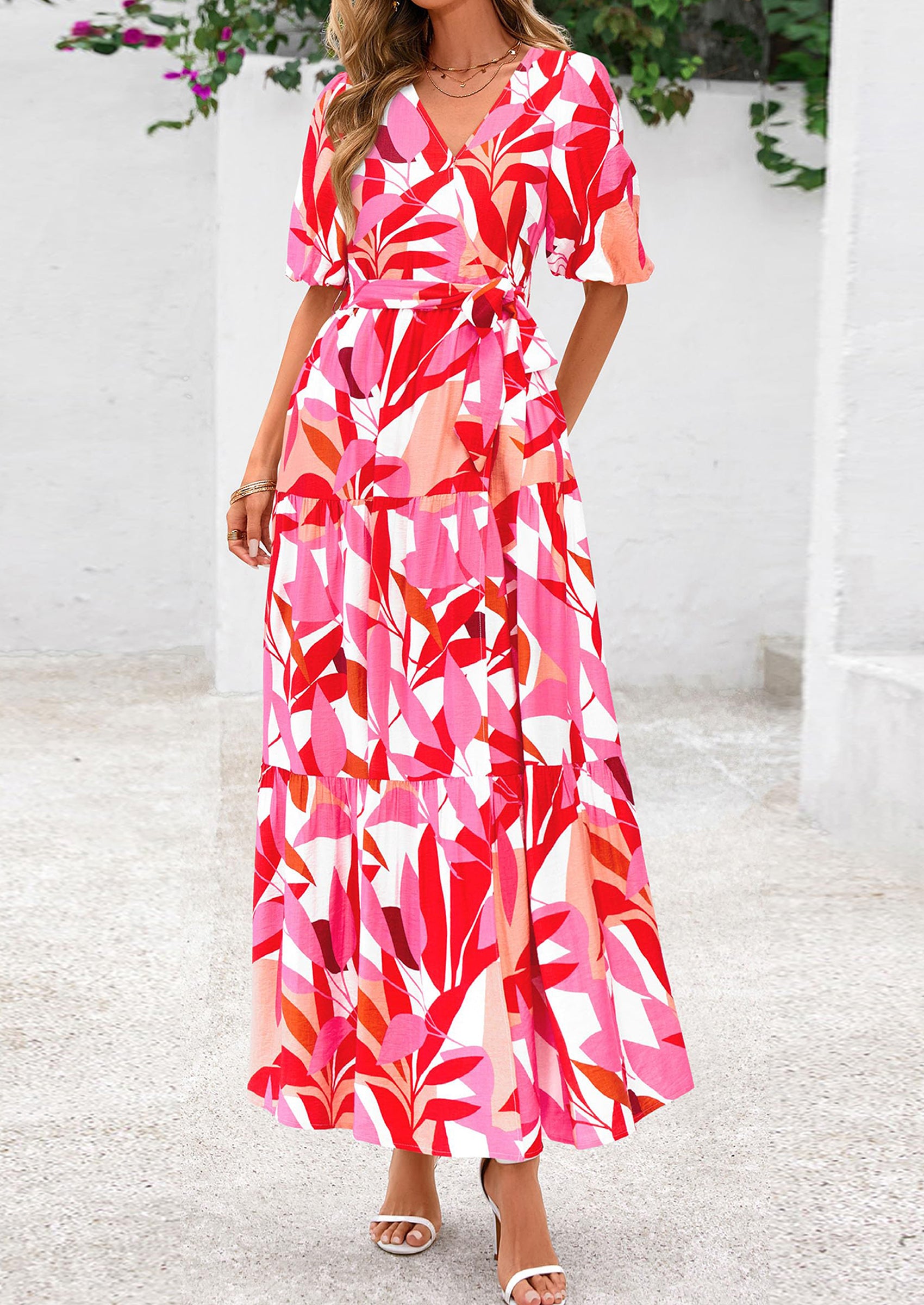 PRETTYGARDEN Women's Maxi Dress Resort Wear Boho Floral V Neck Puff Short Sleeve Ruffle Flowy Beach Long Dresses