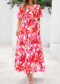 PRETTYGARDEN Women's Maxi Dress Resort Wear Boho Floral V Neck Puff Short Sleeve Ruffle Flowy Beach Long Dresses