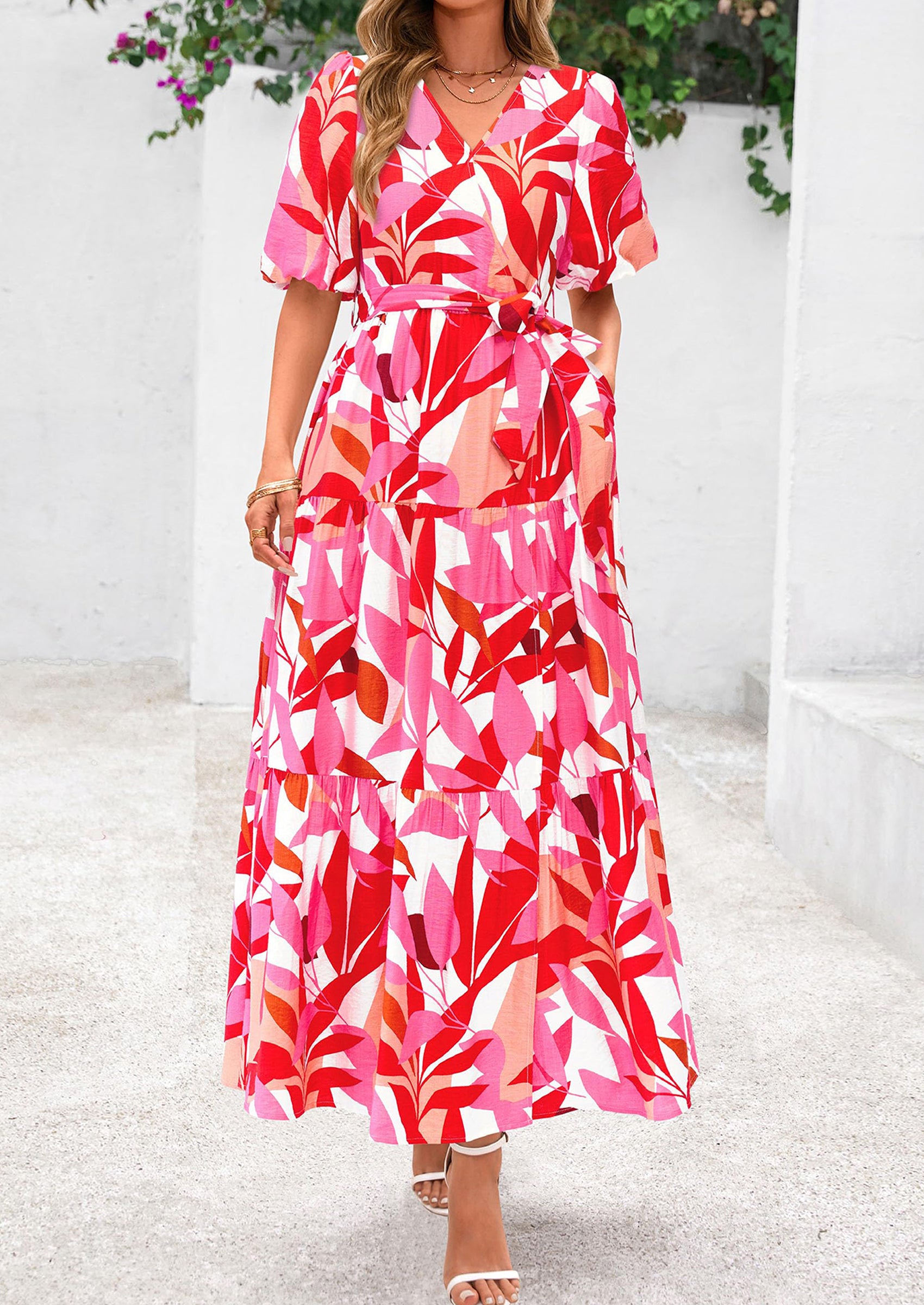 PRETTYGARDEN Women's Maxi Dress Resort Wear Boho Floral V Neck Puff Short Sleeve Ruffle Flowy Beach Long Dresses