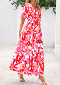 PRETTYGARDEN Women's Maxi Dress Resort Wear Boho Floral V Neck Puff Short Sleeve Ruffle Flowy Beach Long Dresses