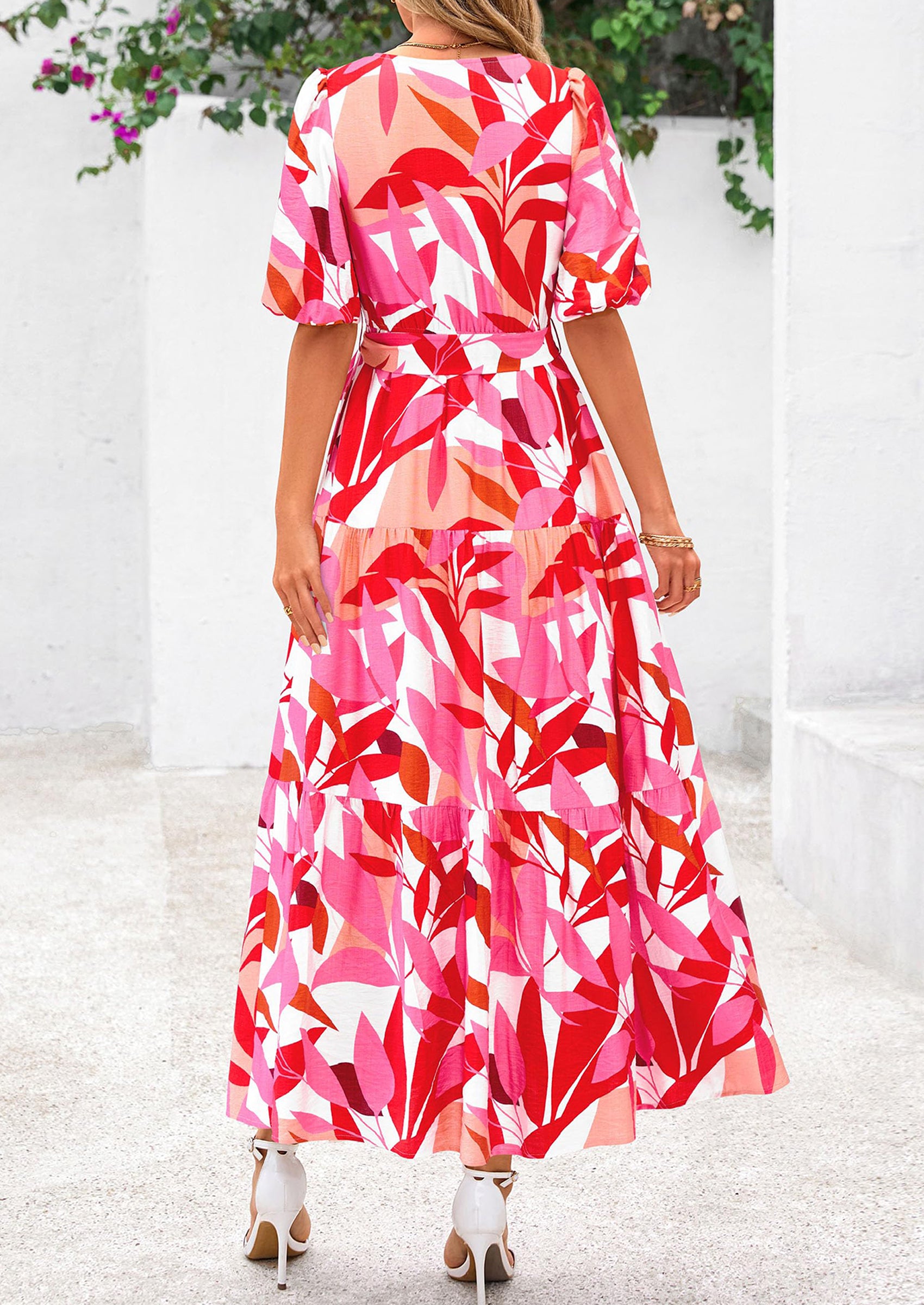 PRETTYGARDEN Women's Maxi Dress Resort Wear Boho Floral V Neck Puff Short Sleeve Ruffle Flowy Beach Long Dresses