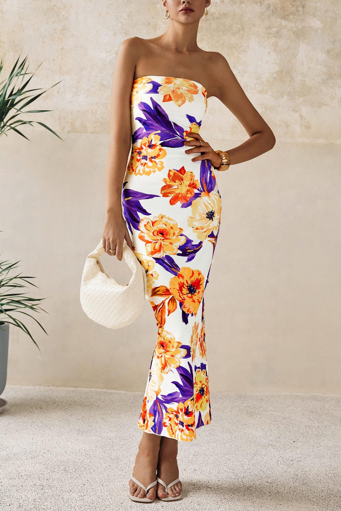 Women's 2025 Summer Floral Bodycon Maxi Dresses Ribbed Strapless Tube Casual Boho Party Long Dress