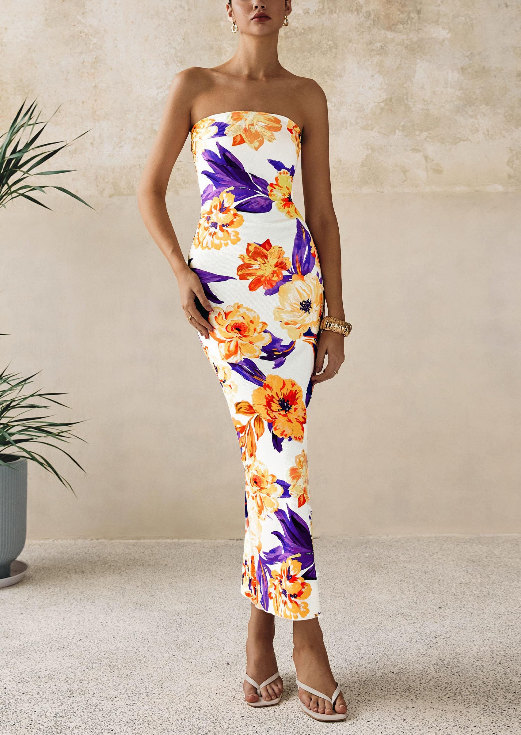 PRETTYGARDEN Women's Floral Bodycon Maxi Dresses Ribbed Strapless Tube Casual Boho Party Long Dress