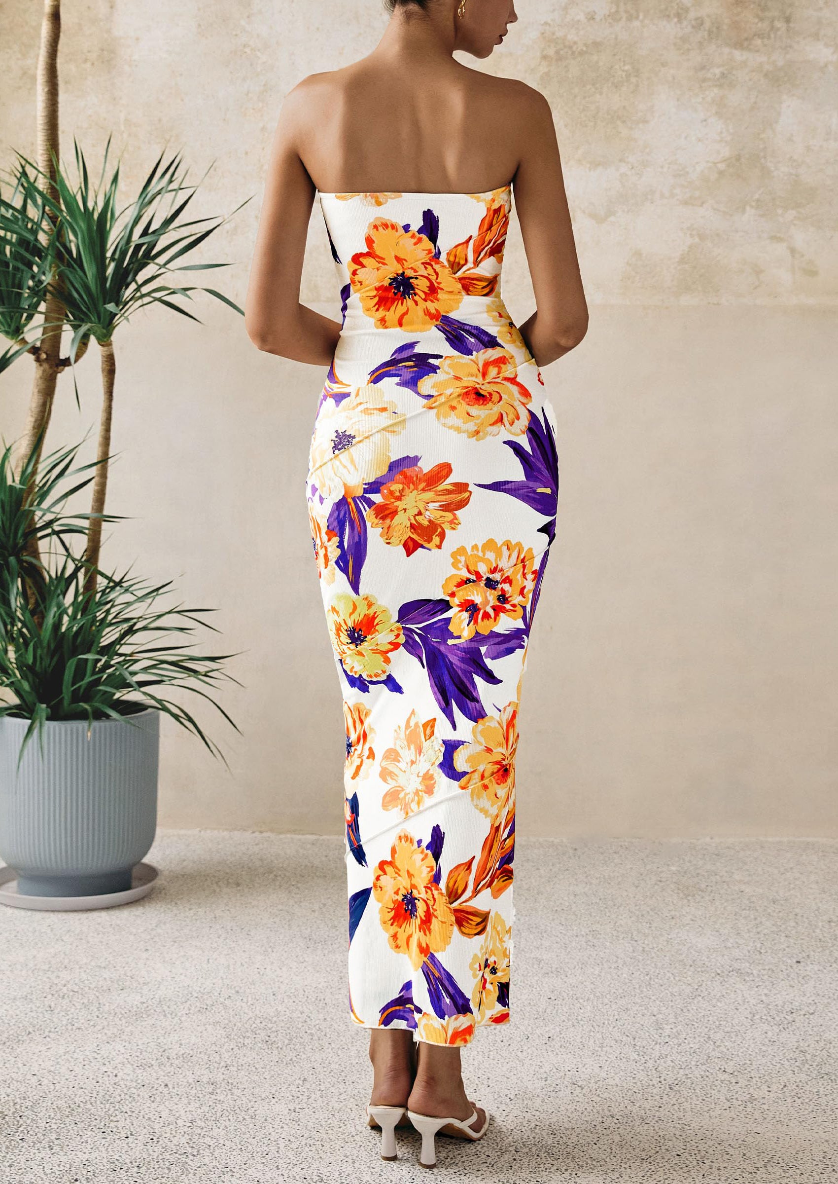 PRETTYGARDEN Women's Floral Bodycon Maxi Dresses Ribbed Strapless Tube Casual Boho Party Long Dress