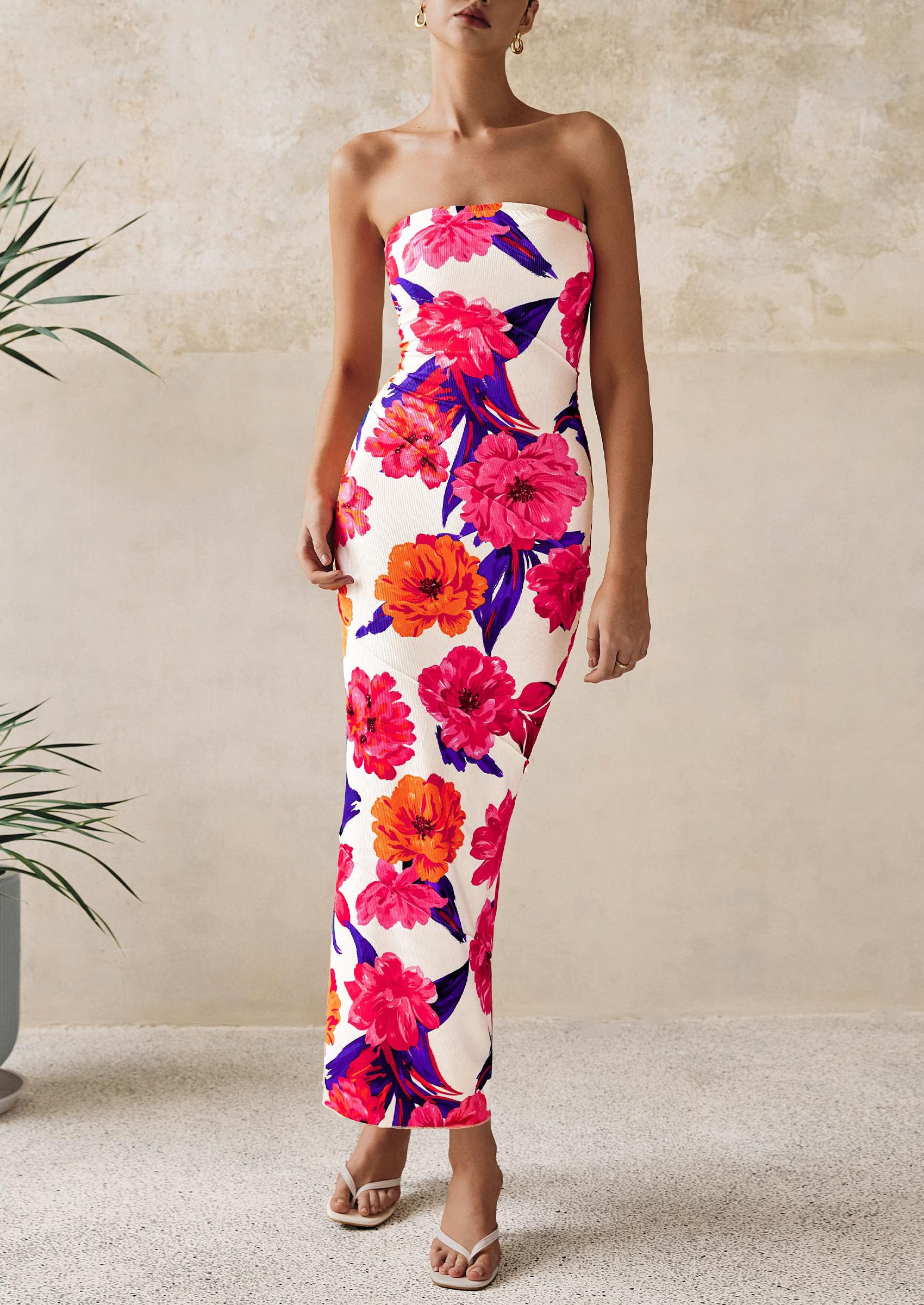 PRETTYGARDEN Women's Floral Bodycon Maxi Dresses Ribbed Strapless Tube Casual Boho Party Long Dress