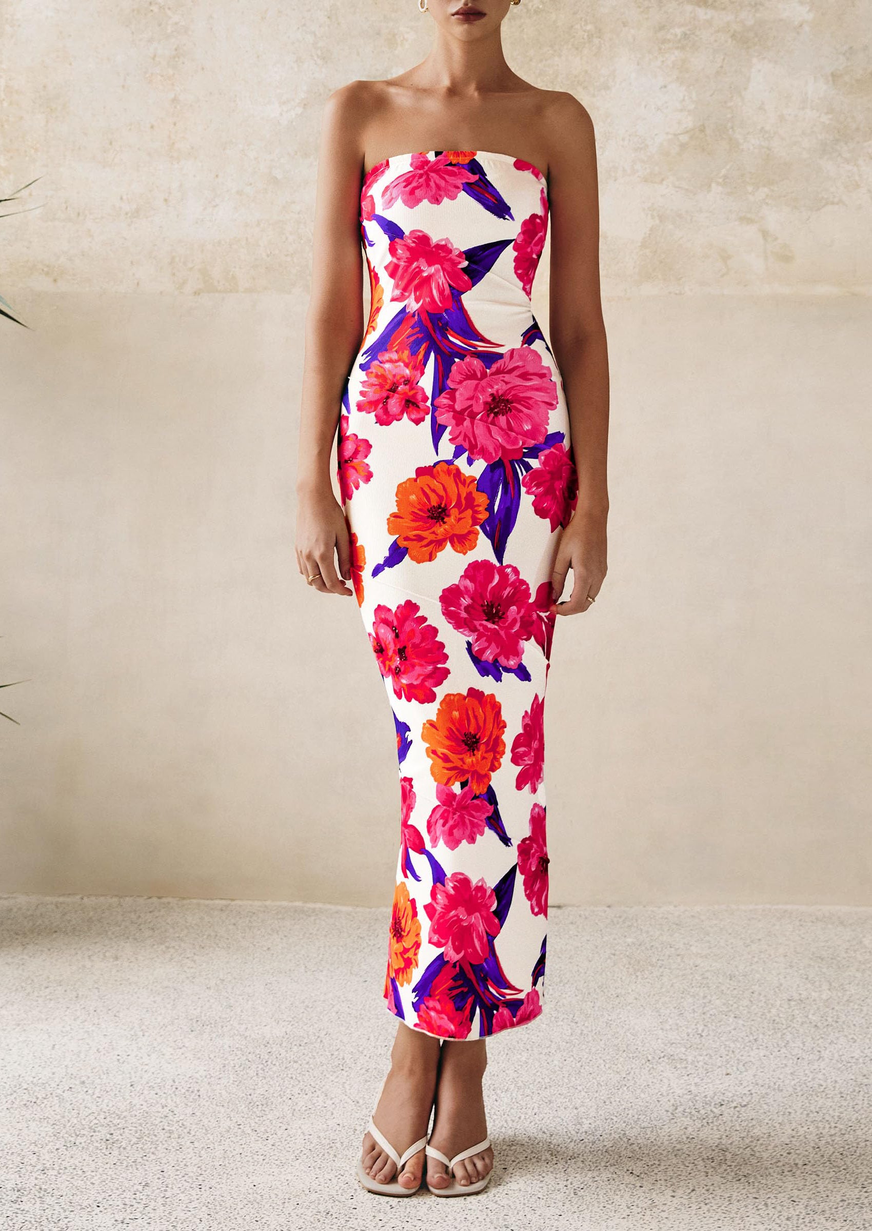 PRETTYGARDEN Women's Floral Bodycon Maxi Dresses Ribbed Strapless Tube Casual Boho Party Long Dress