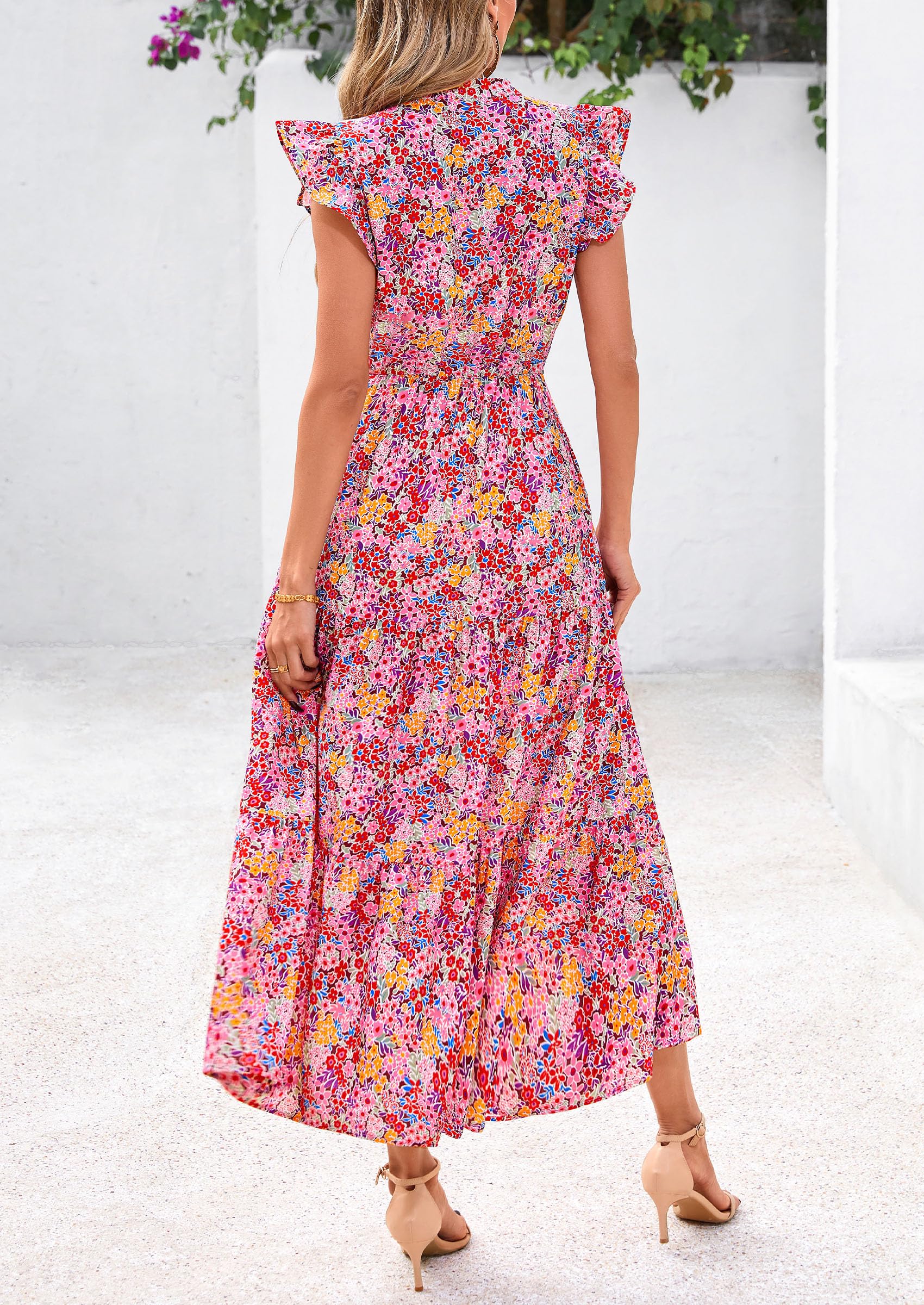 PRETTYGARDEN Women's Summer Floral Midi Dress Cap Sleeve V Neck Ruffle Long Flowy Boho Casual Beach Vacation Dresses