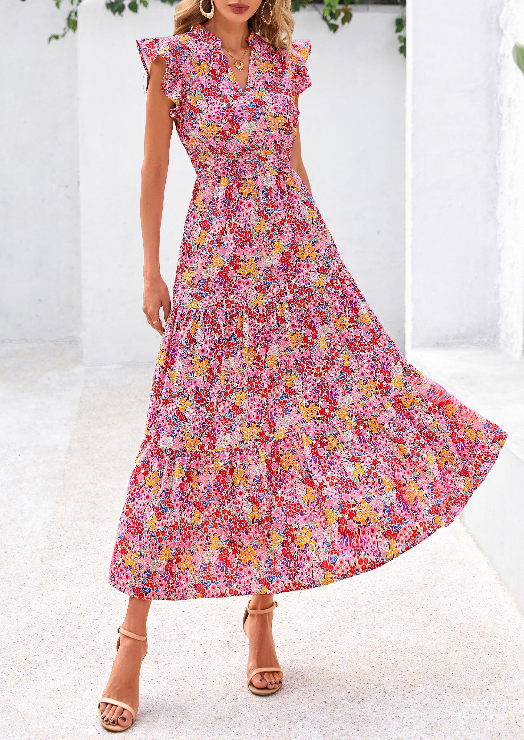 PRETTYGARDEN Women's Summer Floral Midi Dress Cap Sleeve V Neck Ruffle Long Flowy Boho Casual Beach Vacation Dresses