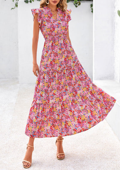 PRETTYGARDEN Women's Summer Floral Midi Dress Cap Sleeve V Neck Ruffle Long Flowy Boho Casual Beach Vacation Dresses