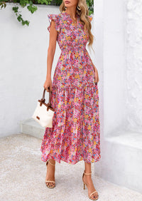 Summer Floral Cap Sleeve V Neck Ruffle Long Flowy Boho Casual Beach Vacation Midi Dress