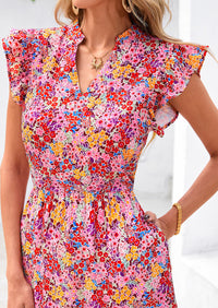 Summer Floral Cap Sleeve V Neck Ruffle Long Flowy Boho Casual Beach Vacation Midi Dress