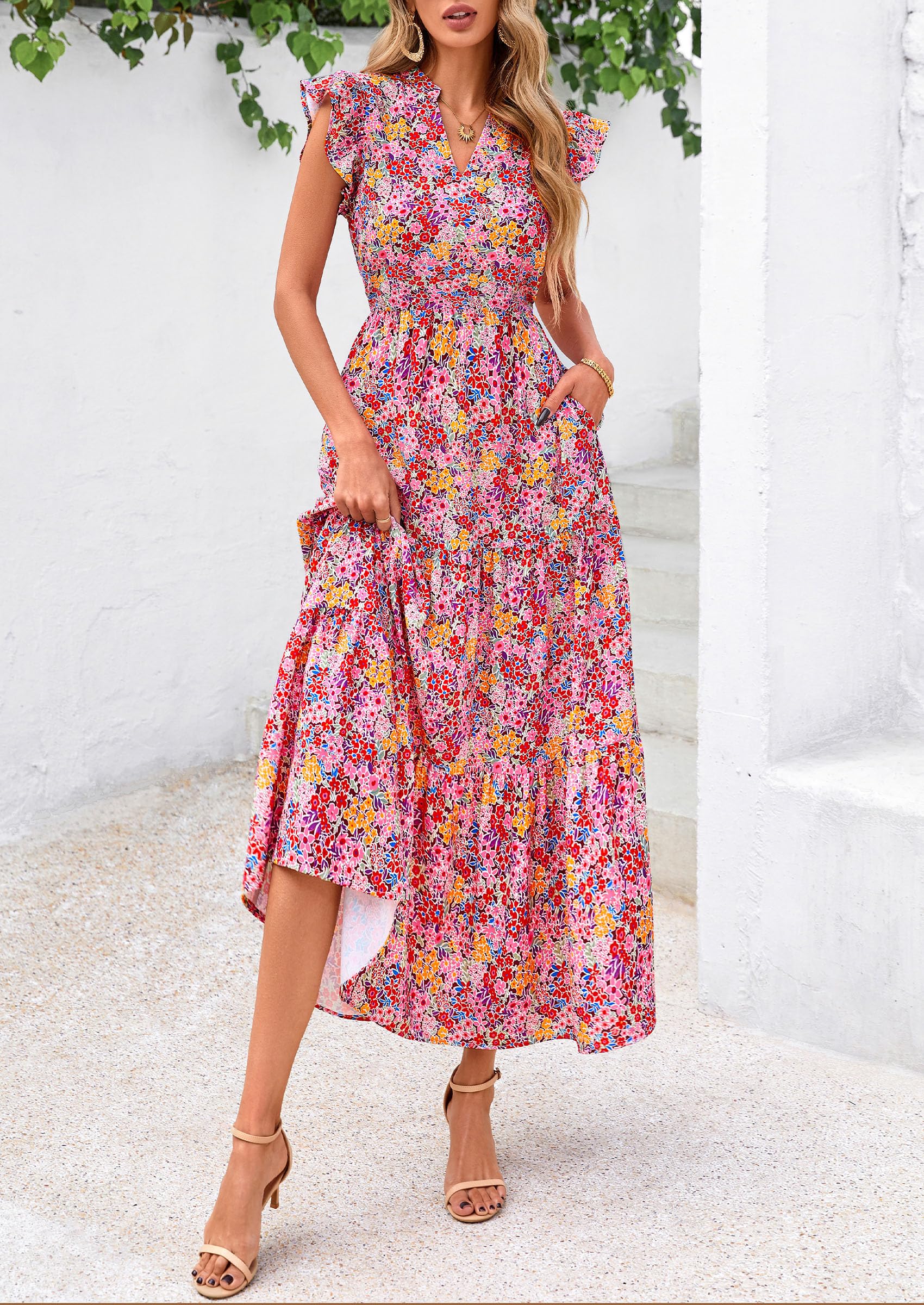 PRETTYGARDEN Women's Summer Floral Midi Dress Cap Sleeve V Neck Ruffle PRETTYGARDEN Women's Summer Floral Midi Dress Cap Sleeve V Neck Ruffle