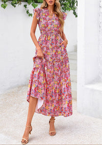 Summer Floral Cap Sleeve V Neck Ruffle Long Flowy Boho Casual Beach Vacation Midi Dress