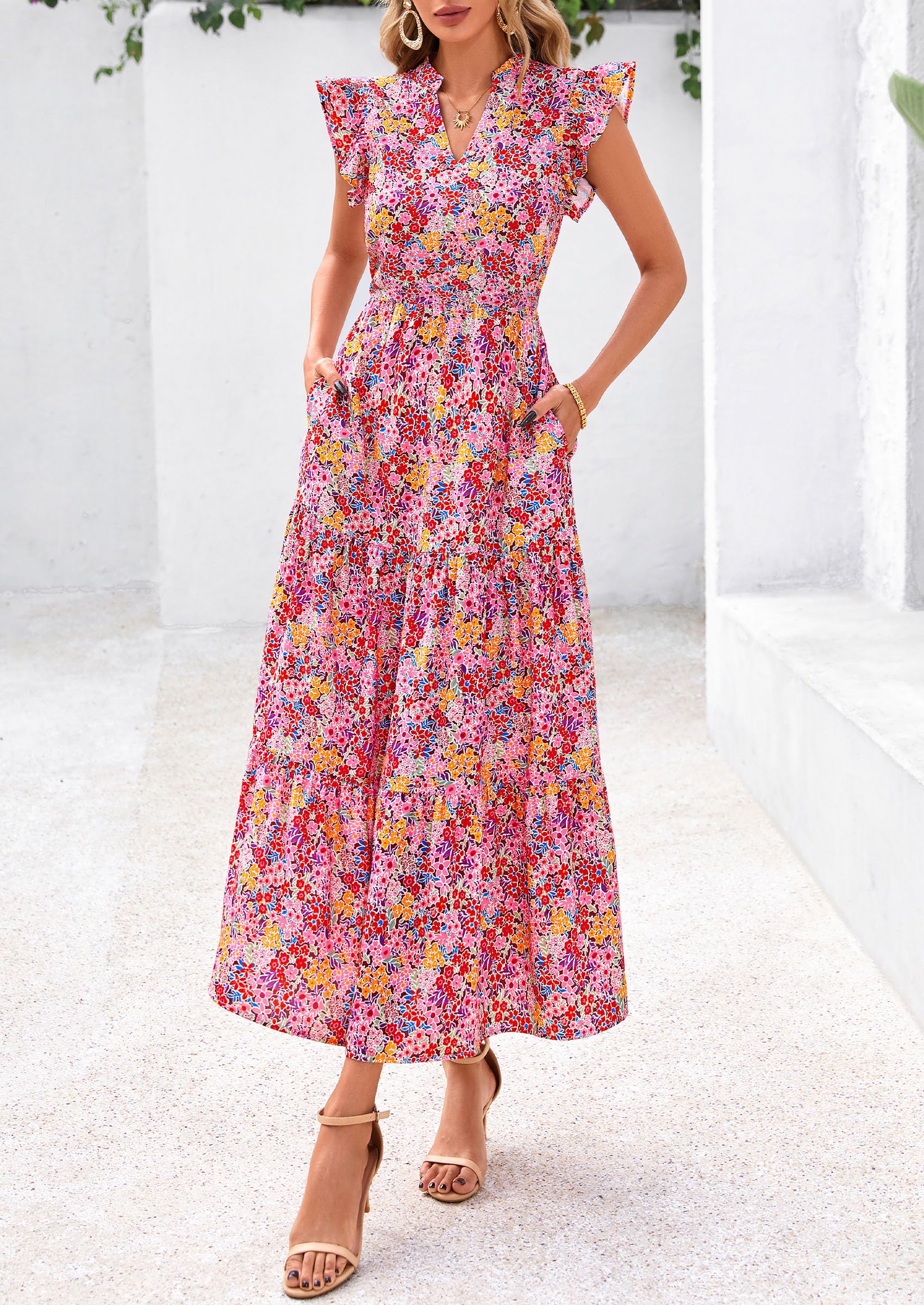 PRETTYGARDEN Women's Summer Floral Midi Dress Cap Sleeve V Neck Ruffle Long Flowy Boho Casual Beach Vacation Dresses