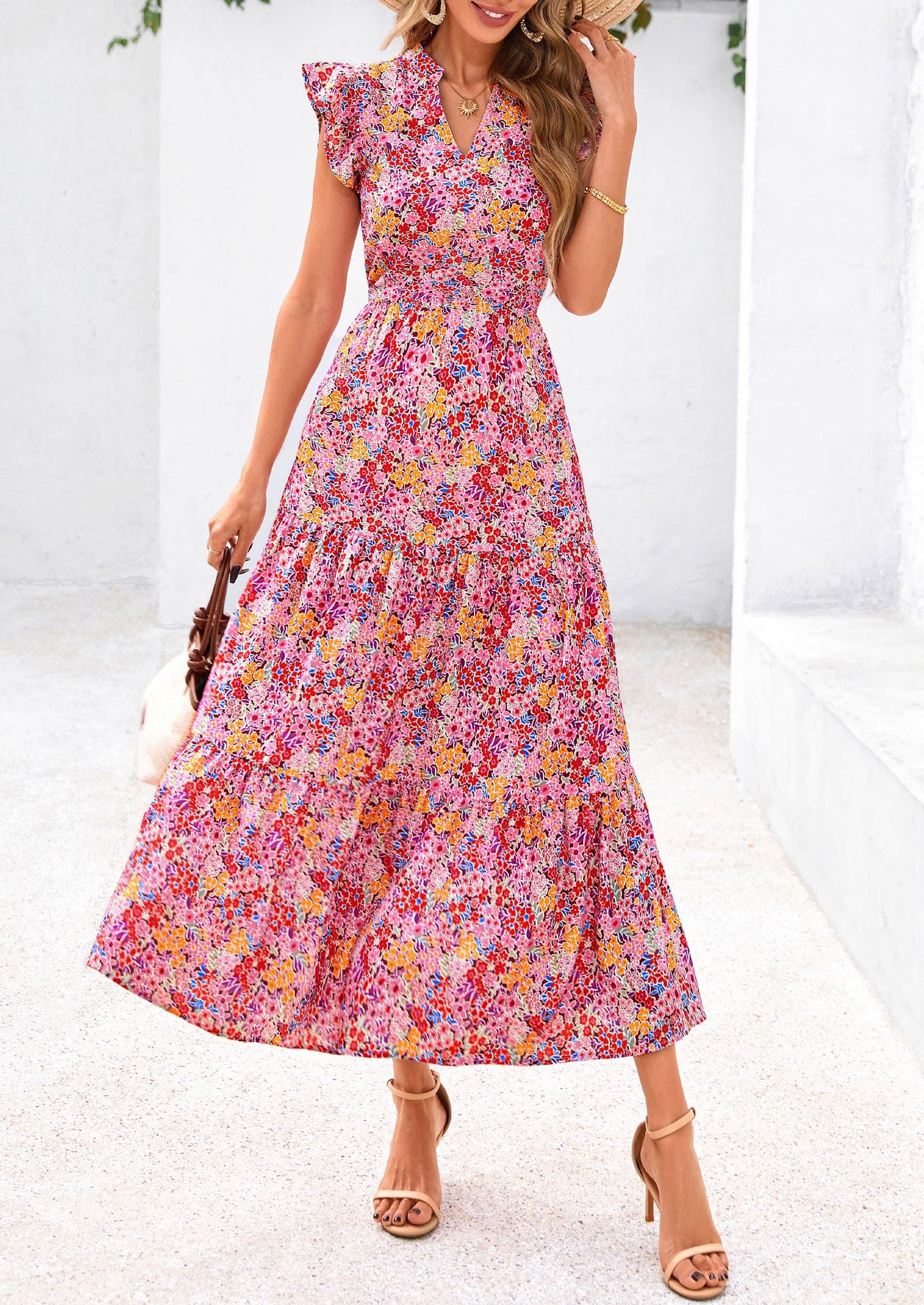 Women's 2025 Summer Floral Midi Dress Cap Sleeve V Neck Ruffle Long Flowy Boho Casual Beach Vacation Dresses