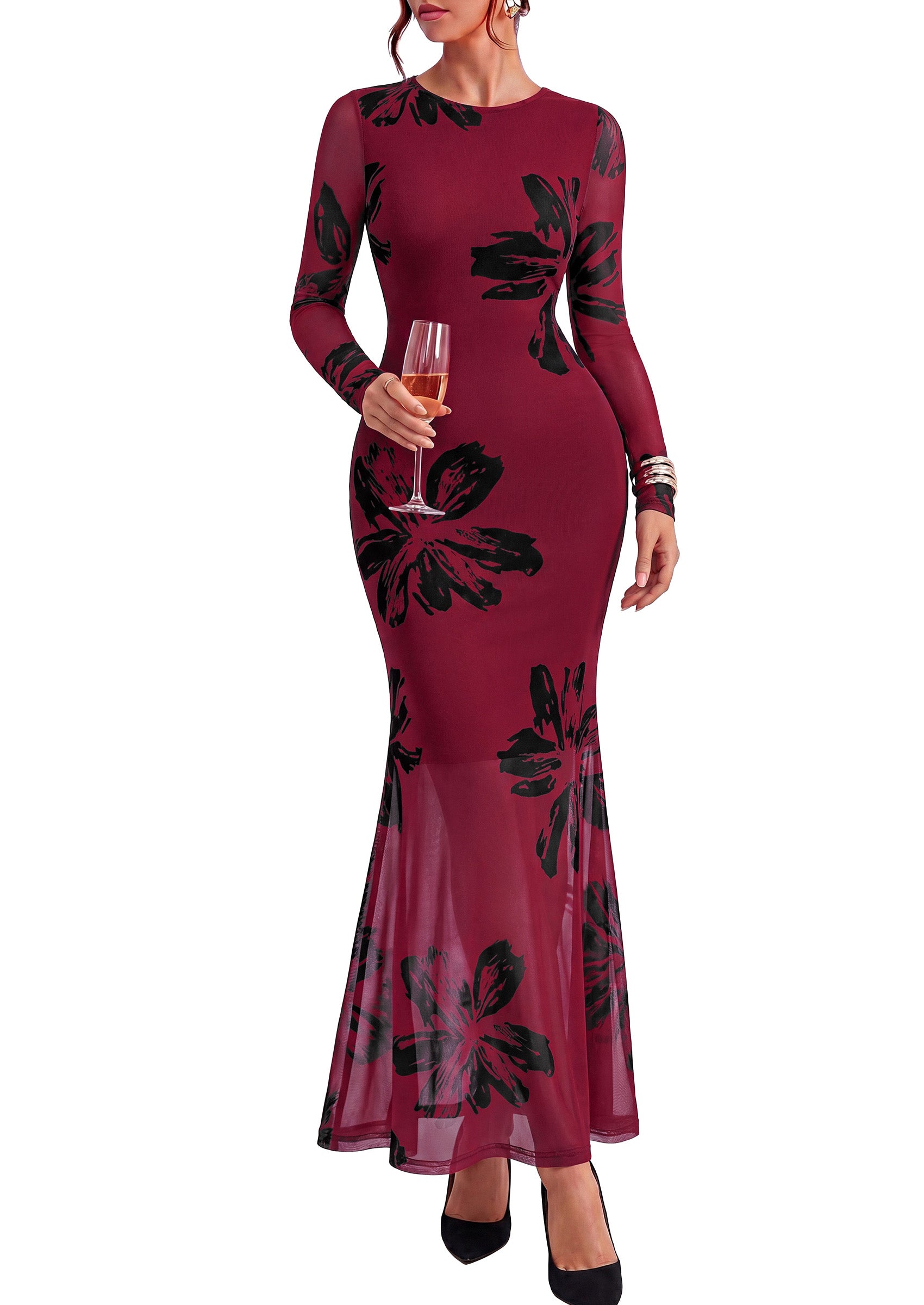 PRETTYGARDEN Womens Floral Mesh Long Sleeve Maxi Dresses 2026 Fall Wedding Guest Formal Cocktail Party Holiday Bodycon Dress