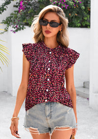 PRETTYGARDEN Women Button Down Boho Shirts Floral Ruffle Cap Sleeve Mock Neck Flowy Casual Summer Blouses Tops
