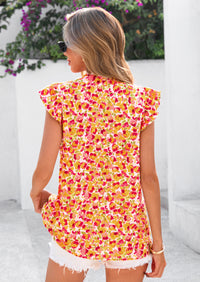 PRETTYGARDEN Women Button Down Boho Shirts Floral Ruffle Cap Sleeve Mock Neck Flowy Casual Summer Blouses Tops