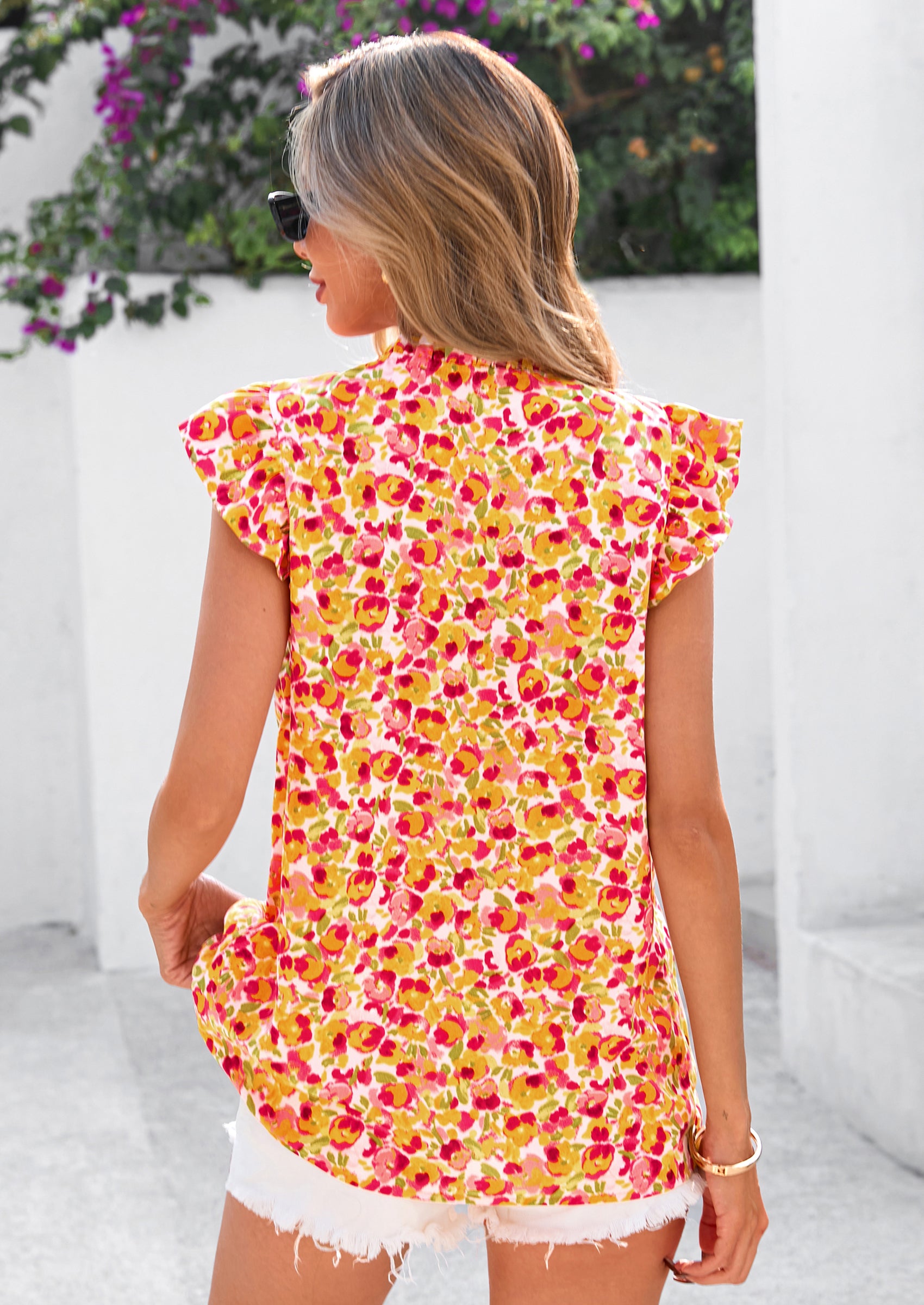 PRETTYGARDEN Women Button Down Boho Shirts Floral Ruffle Cap Sleeve Mock Neck Flowy Casual Summer Blouses Tops