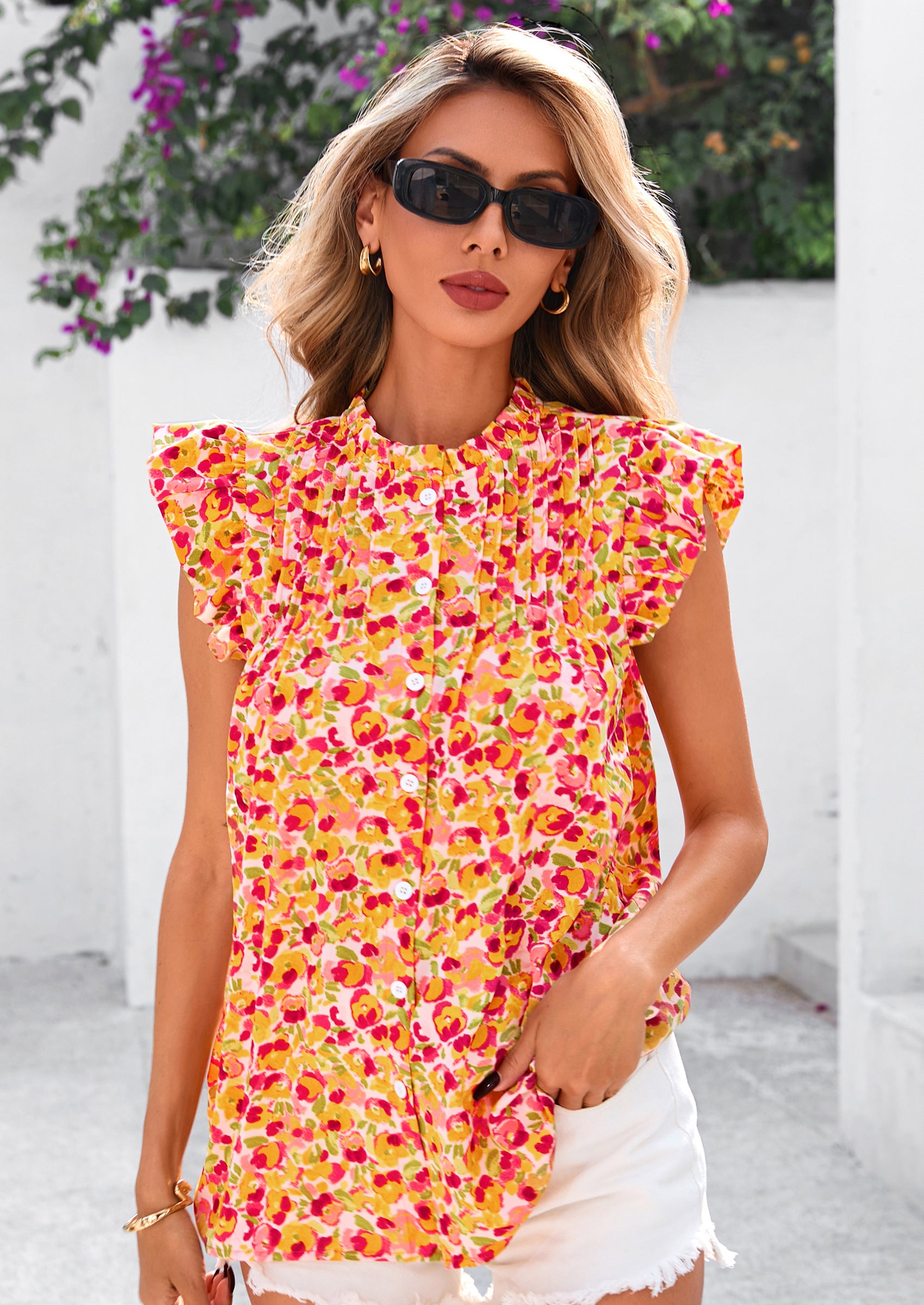 PRETTYGARDEN Women Button Down Boho Shirts Floral Ruffle Cap Sleeve Mock Neck Flowy Casual Summer Blouses Tops