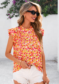 PRETTYGARDEN Women Button Down Boho Shirts Floral Ruffle Cap Sleeve Mock Neck Flowy Casual Summer Blouses Tops