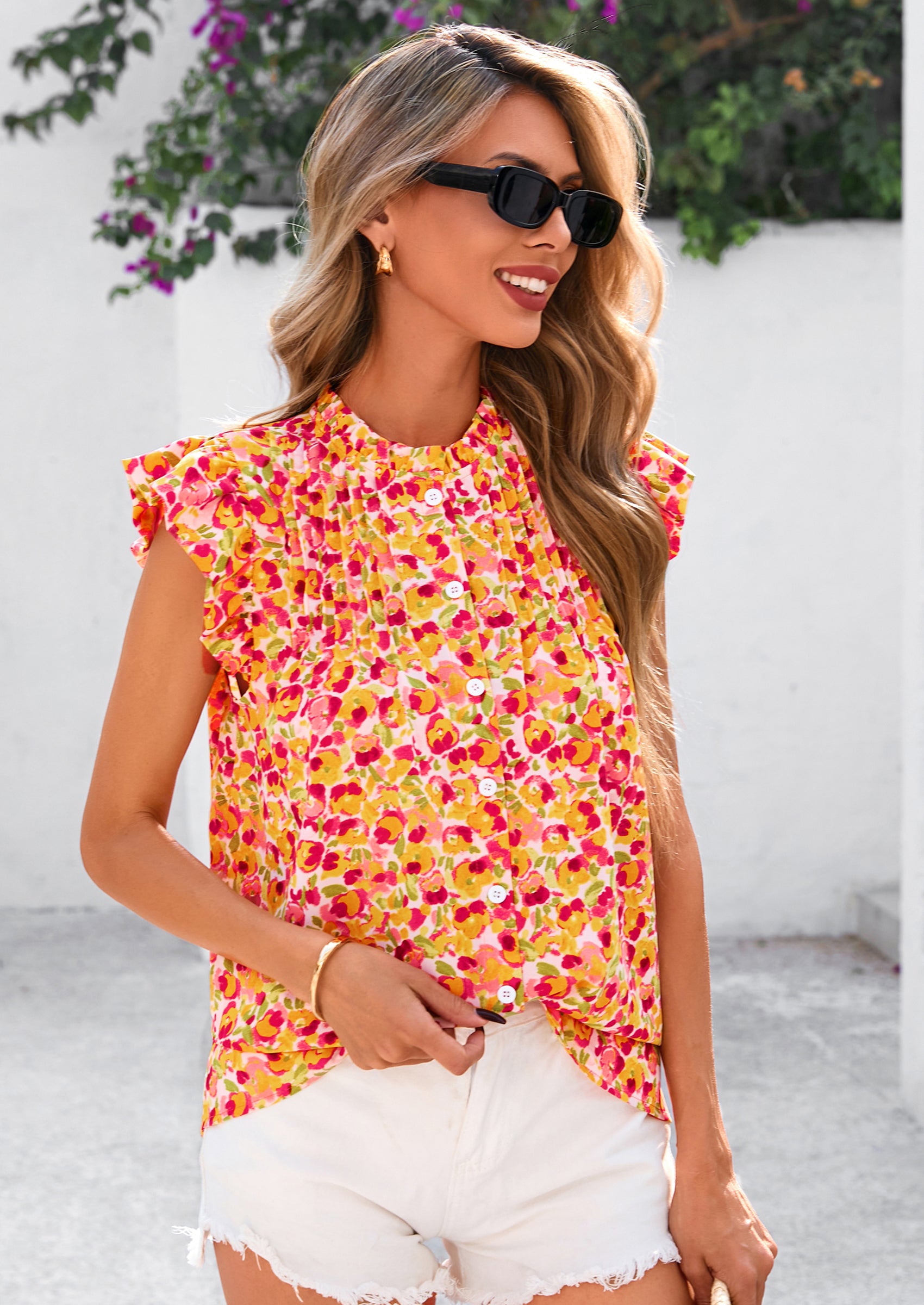 PRETTYGARDEN Women Button Down Boho Shirts Floral Ruffle Cap Sleeve Mock Neck Flowy Casual Summer Blouses Tops
