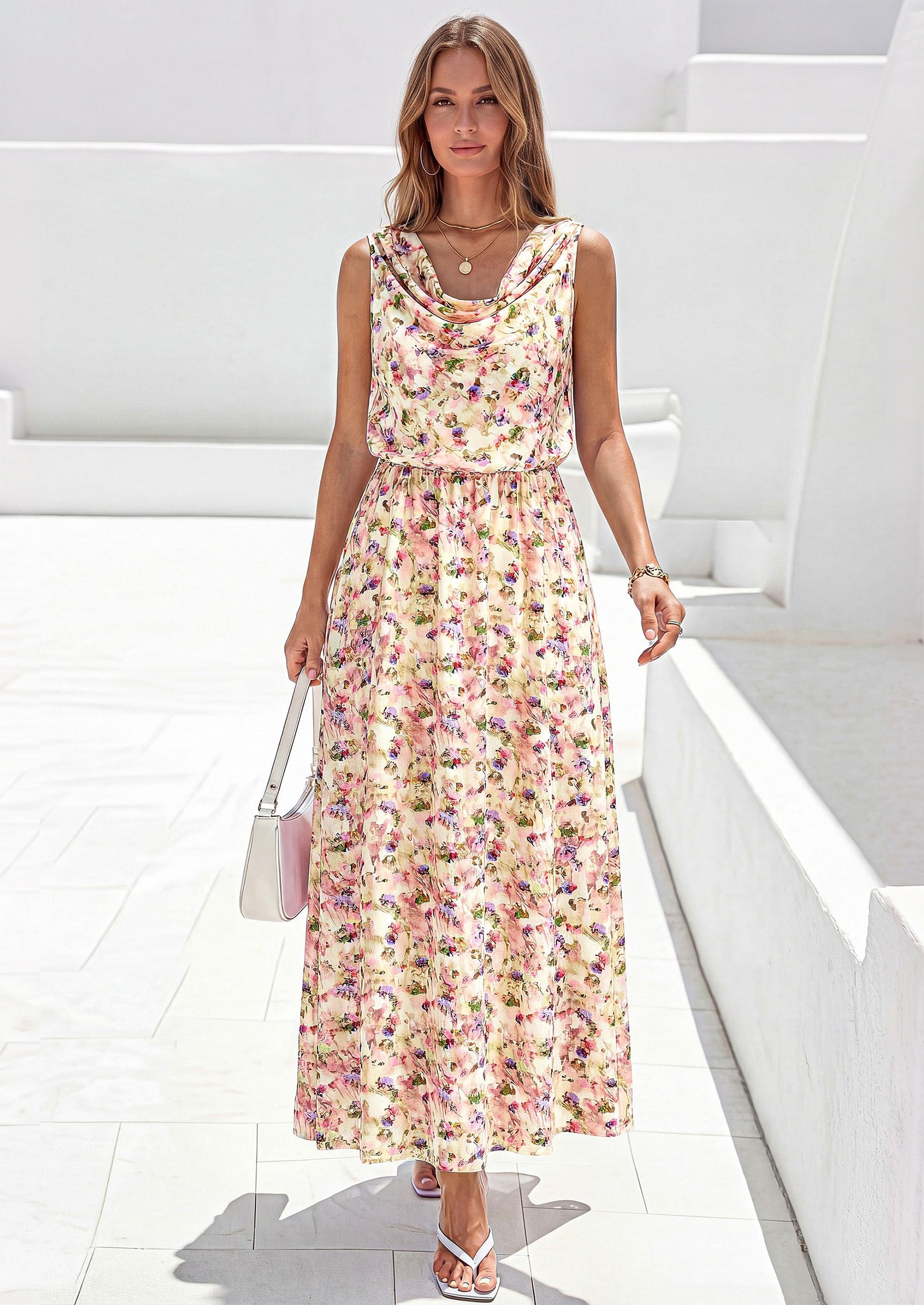 PRETTYGARDEN Womens Summer Floral Maxi Dresses Spring Sleeveless Cowl Neck Flowy Beach Vacation Wedding Guest Long Dress