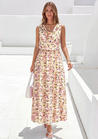 PRETTYGARDEN Womens Summer Floral Maxi Dresses Spring Sleeveless Cowl Neck Flowy Beach Vacation Wedding Guest Long Dress