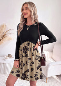 PRETTYGARDEN Womens Long Sleeve Empire Waist Maternity Dress with Pockets Crewnck Flowy A Line Casual Dresses, Above Knee Length, Solid Color & Floral, Baby Shower Outfits, Travel Fashion Clothes