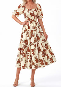 PRETTYGARDEN Women's Summer Casual Dresses Spring Puff Sleeve Square Neck A Line Flowy Boho Floral Smocked Midi Dress