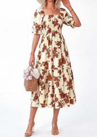 PRETTYGARDEN Women's Summer Casual Dresses Spring Puff Sleeve Square Neck A Line Flowy Boho Floral Smocked Midi Dress