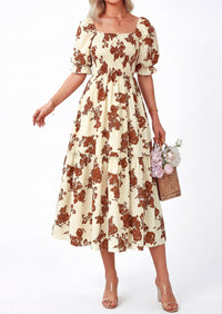 PRETTYGARDEN Women's Summer Casual Dresses Spring Puff Sleeve Square Neck A Line Flowy Boho Floral Smocked Midi Dress