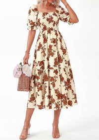 PRETTYGARDEN Women's Summer Casual Dresses Spring Puff Sleeve Square Neck A Line Flowy Boho Floral Smocked Midi Dress