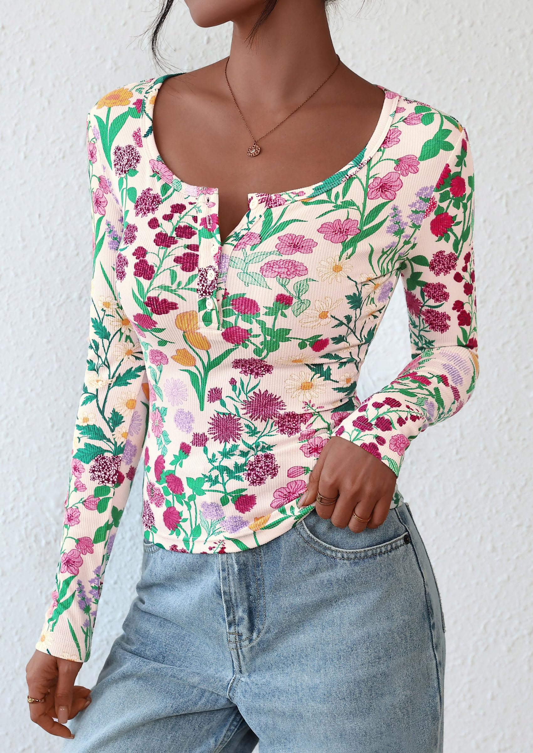 PRETTYGARDEN Women's Fall Long Sleeve Henley T Shirts Button Ribbed Knit Slim Fit Basic Tops Blouse Casual Outfits