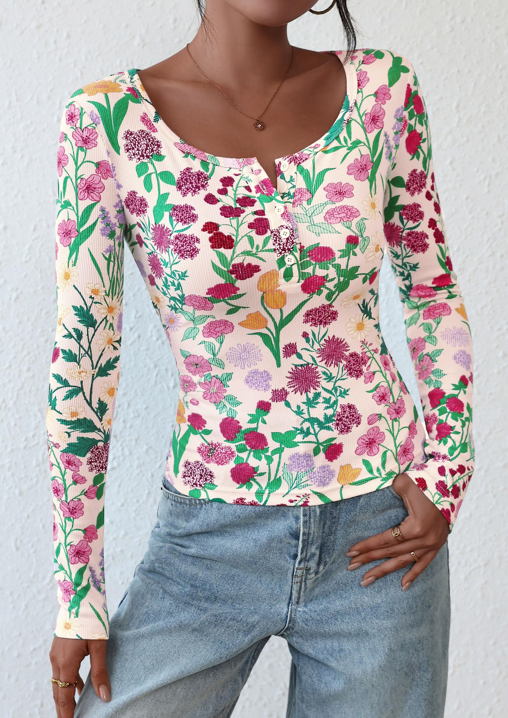 PRETTYGARDEN Women's Fall Long Sleeve Henley T Shirts Button Ribbed Knit Slim Fit Basic Tops Blouse Casual Outfits