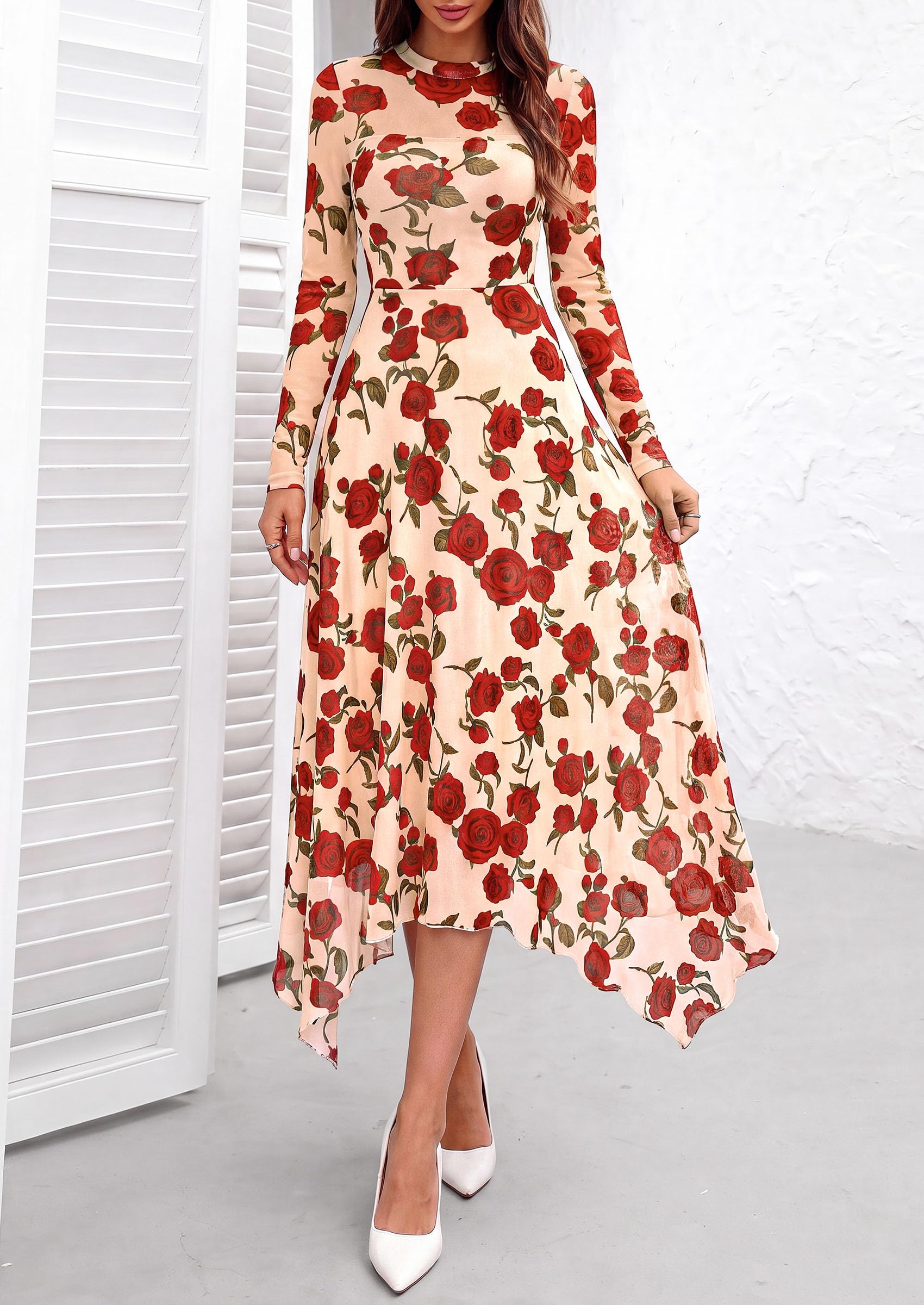 PRETTYGARDEN Women's Floral Mesh Midi Dress | Fall Wedding Guest Dresses, Sheer Long Sleeve, Mock Neck, A-line, Fit & Flare, Cocktail Holiday Party, Date Night Outfits