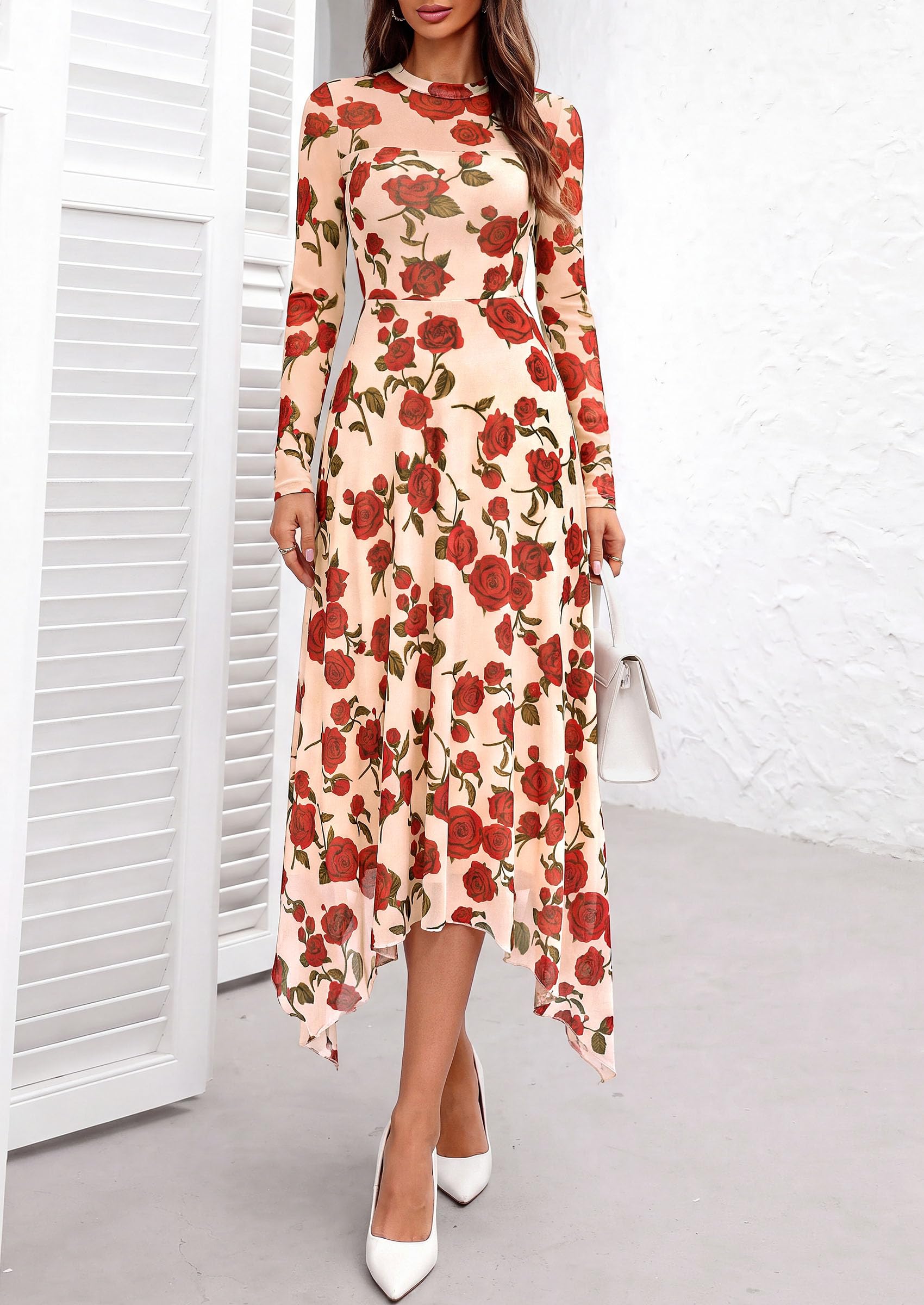 PRETTYGARDEN Women's Floral Mesh Midi Dress | Fall Wedding Guest Dresses, Sheer Long Sleeve, Mock Neck, A-line, Fit & Flare, Cocktail Holiday Party, Date Night Outfits