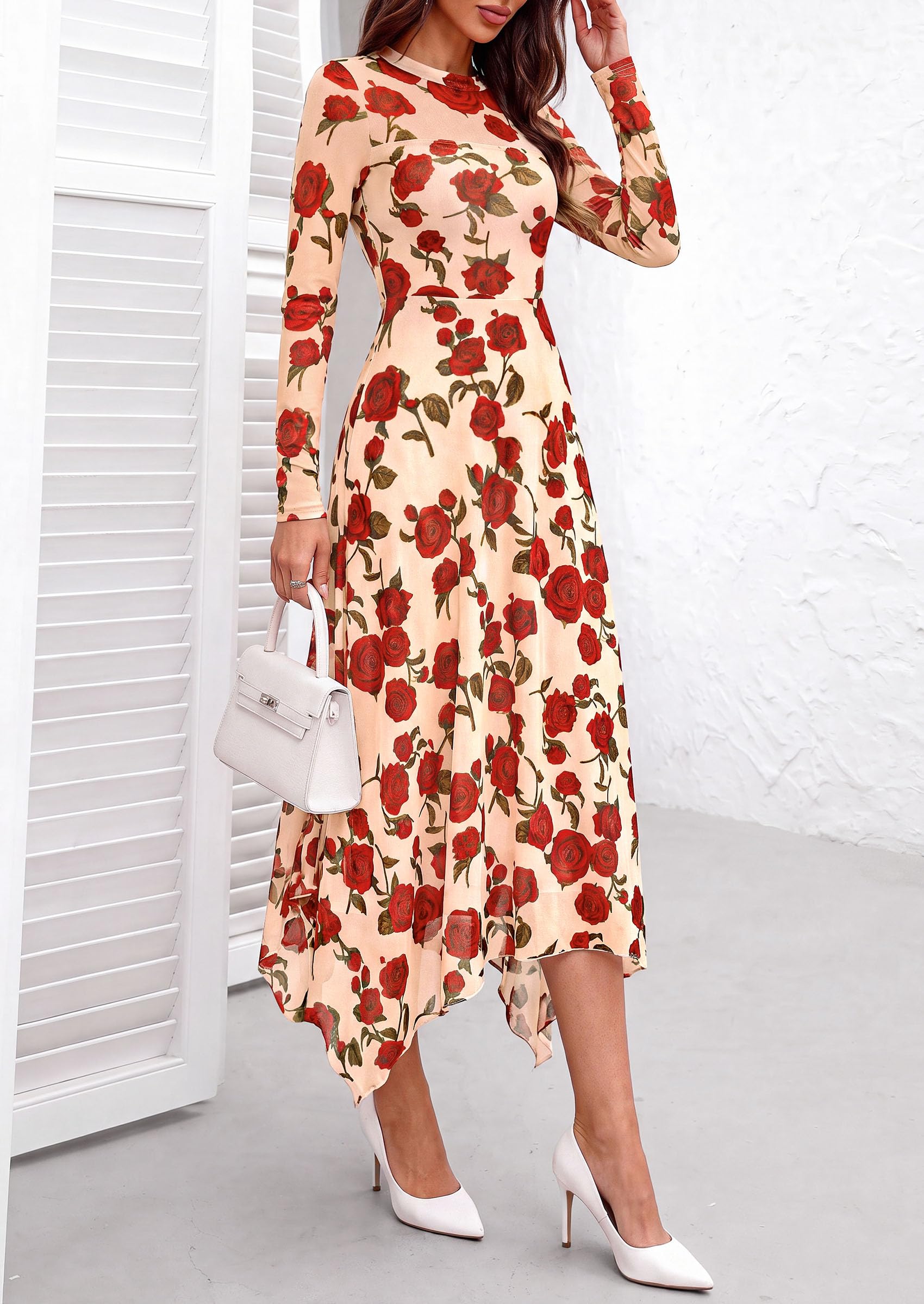 PRETTYGARDEN Women's Floral Mesh Midi Dress | Fall Wedding Guest Dresses, Sheer Long Sleeve, Mock Neck, A-line, Fit & Flare, Cocktail Holiday Party, Date Night Outfits