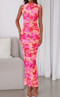 PRETTYGARDEN Women's Summer Maxi Floral Dresses Ruched Bodycon Sleeveless Mesh Formal Wedding Guest Cocktail Split Long Dress PRETTYGARDEN