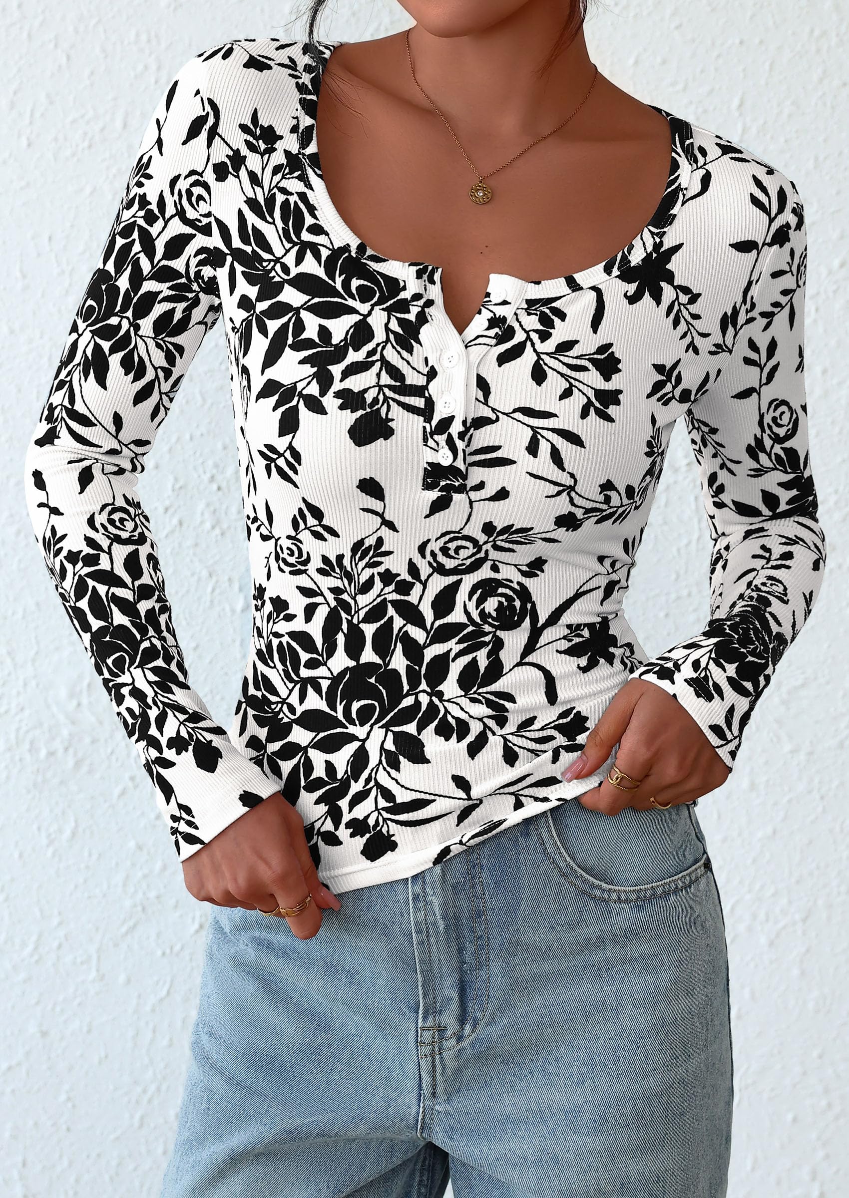 PRETTYGARDEN Women's Fall Long Sleeve Henley T Shirts Button Ribbed Knit Slim Fit Basic Tops Blouse Casual Outfits