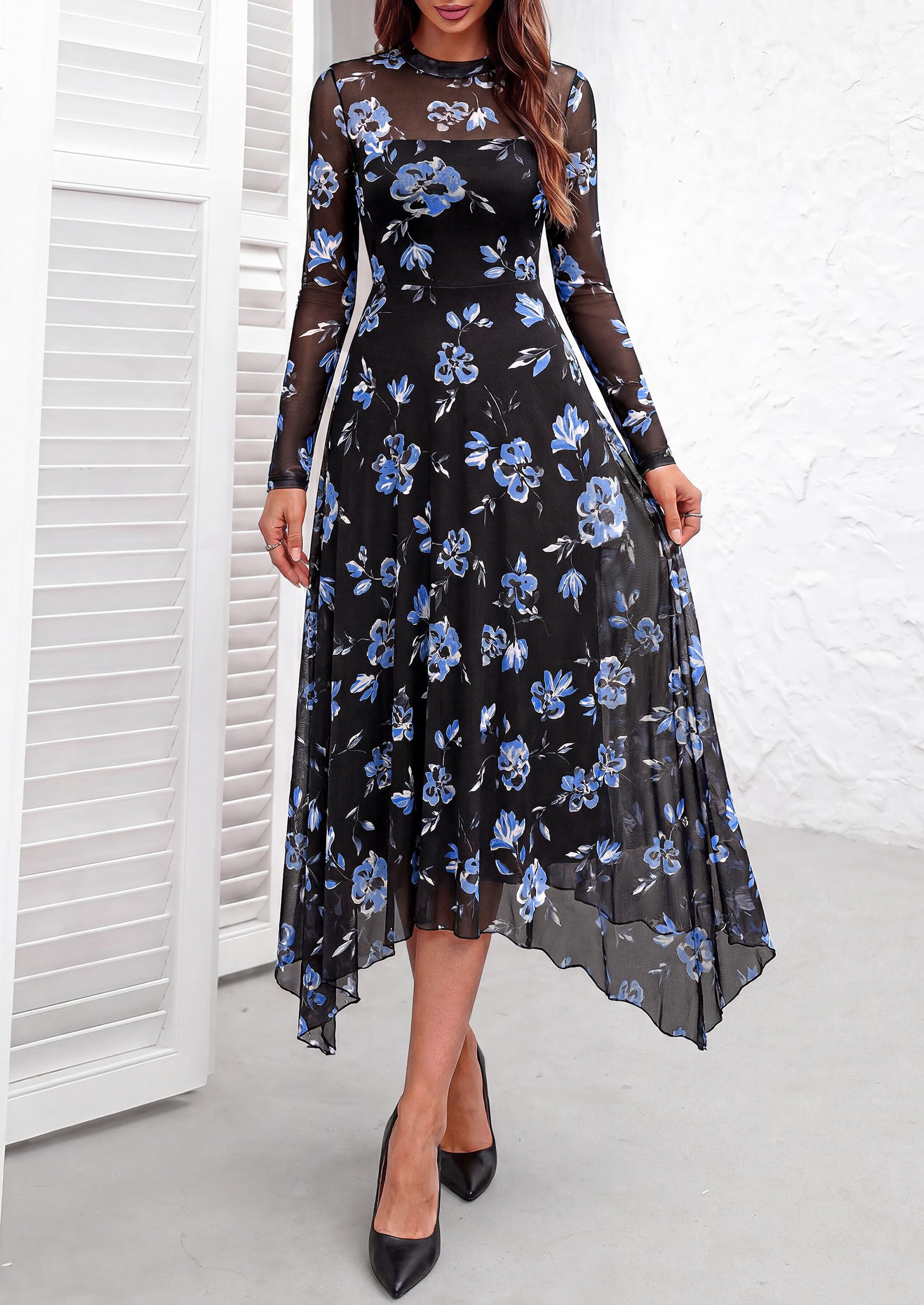 PRETTYGARDEN Women's Floral Mesh Midi Dress | Fall Wedding Guest Dresses, Sheer Long Sleeve, Mock Neck, A-line, Fit & Flare, Cocktail Holiday Party, Date Night Outfits