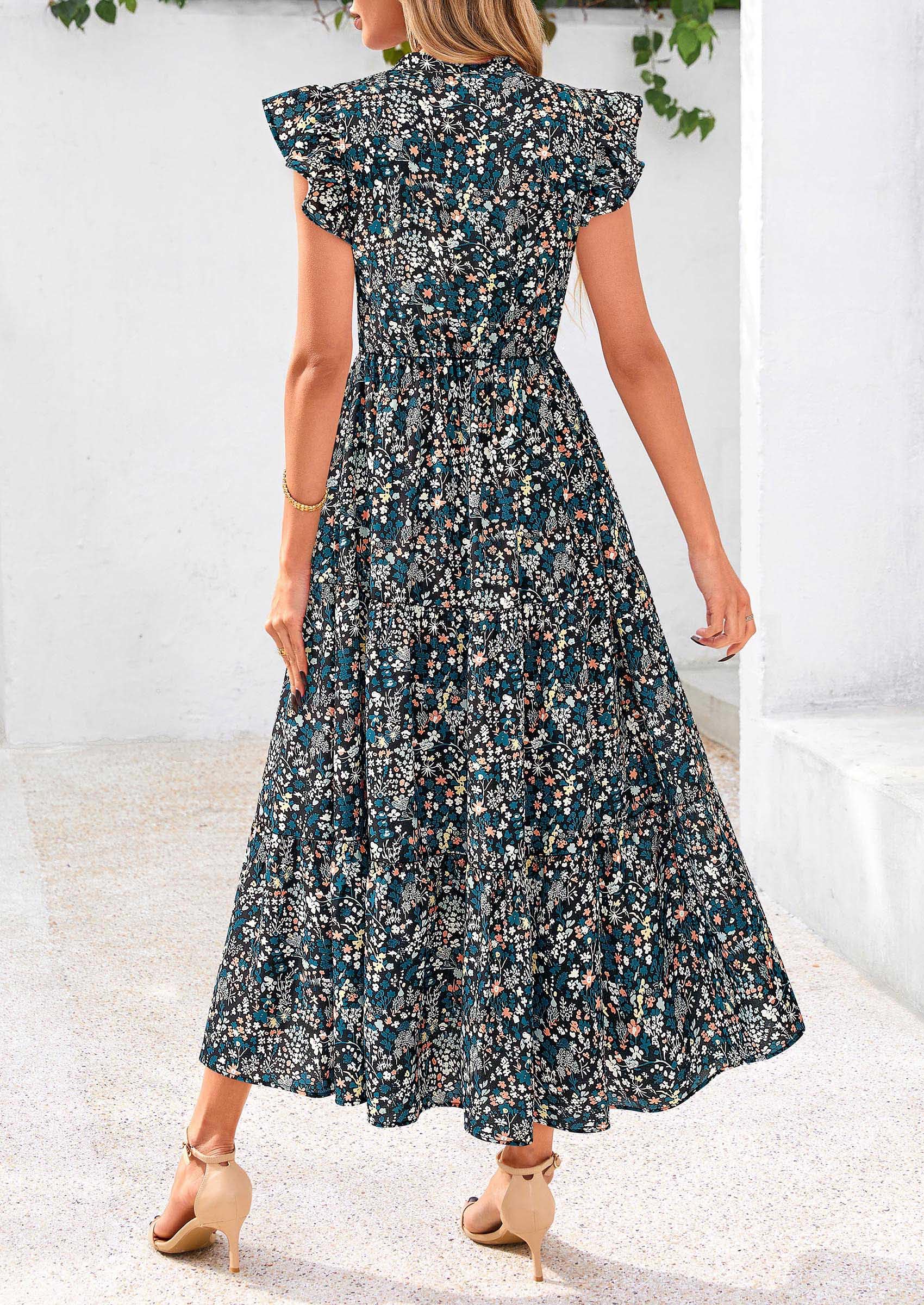 PRETTYGARDEN Women's Summer Floral Midi Dress Cap Sleeve V Neck Ruffle Long Flowy Boho Casual Beach Vacation Dresses