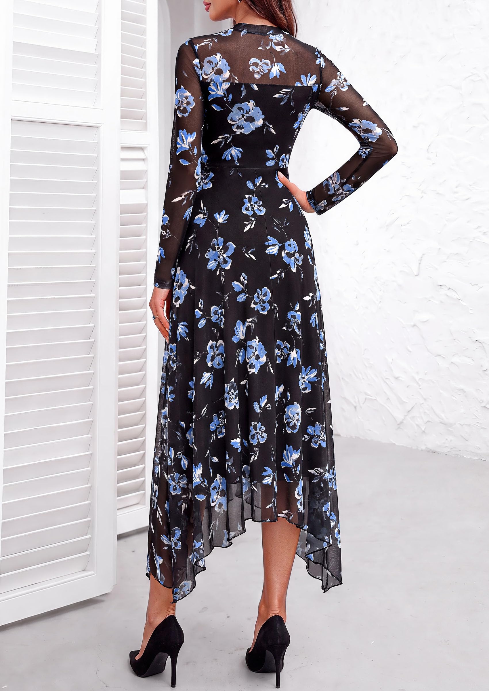 PRETTYGARDEN Women's Floral Mesh Midi Dress | Fall Wedding Guest Dresses, Sheer Long Sleeve, Mock Neck, A-line, Fit & Flare, Cocktail Holiday Party, Date Night Outfits
